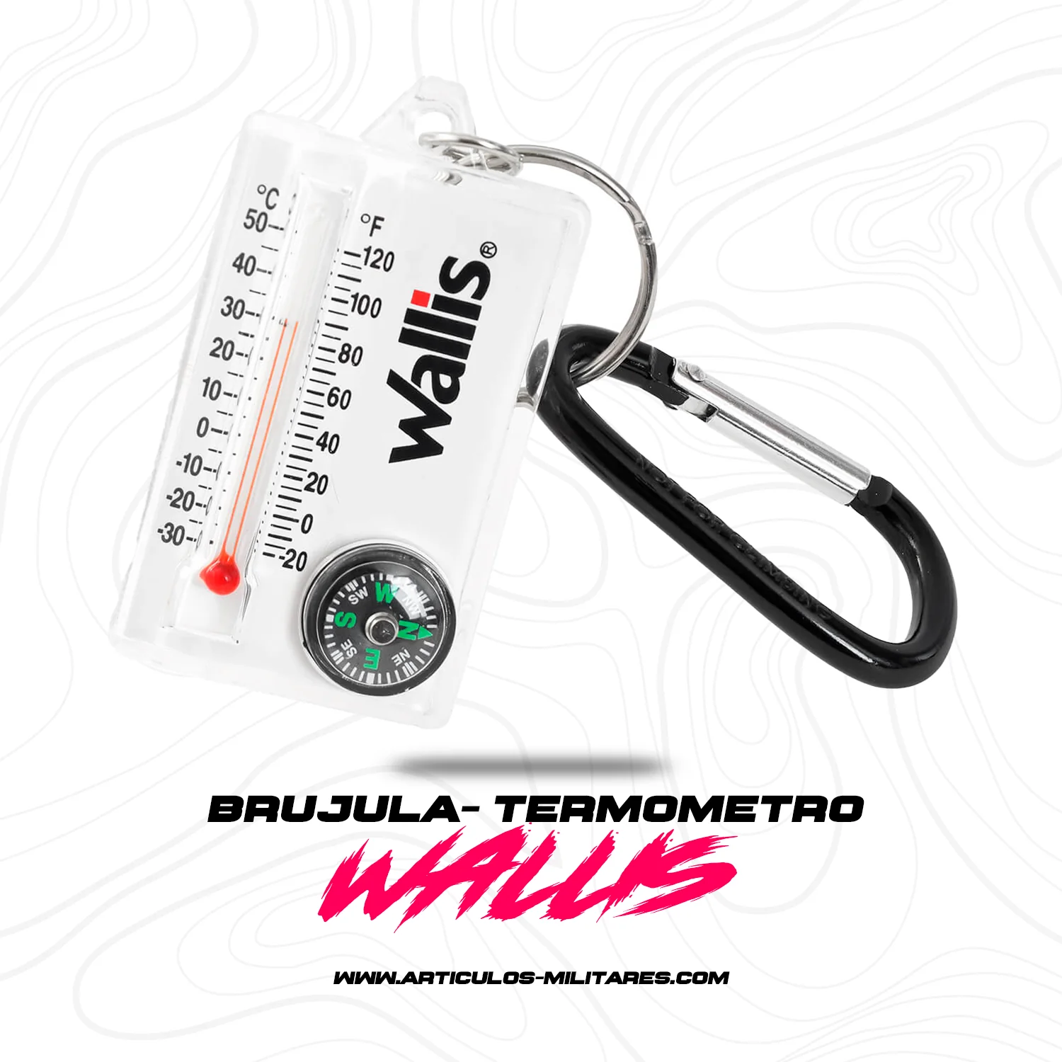 Brújula con térmometro y gancho, blanco con negro