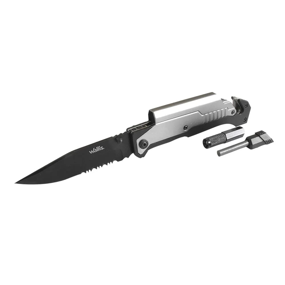 Navaja de bloqueo con mango S.O.S. de metal con clip, LED y pedernal - Imagen 2